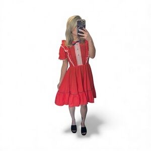 Vintage 70’s Joni Bee Red Midi Prairie Girl Dress with White Accents Size 8 S/M
